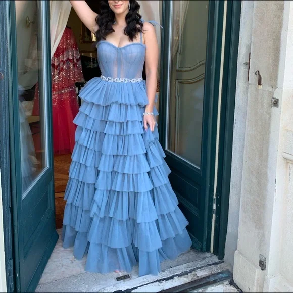 white christmas dresses Blue Tulle A-Line Corset Off Shoulder Prom Dresses, PL657